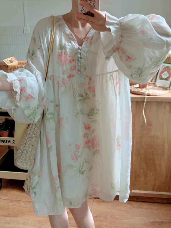 2025 spring lantern sleeve literary print cotton linen long shirt dress floral long sleeve cotton linen top for women