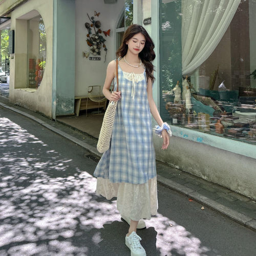 Blue checked suspender dress new summer women's fake two-piece spliced ​​lace niche design long skirt