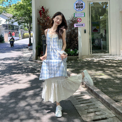 Blue checked suspender dress new summer women's fake two-piece spliced ​​lace niche design long skirt