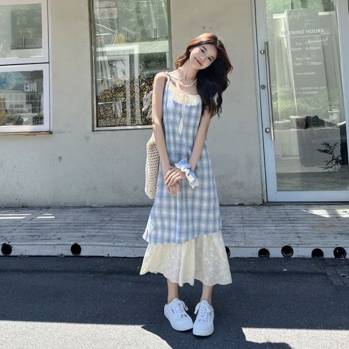 Blue checked suspender dress new summer women's fake two-piece spliced ​​lace niche design long skirt