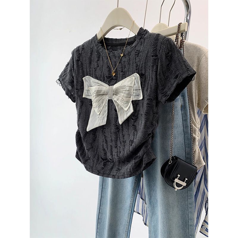 Official photo Original fabric bow waist short waist short-sleeved T-shirt for women in summer sweet hot girls fashion brand