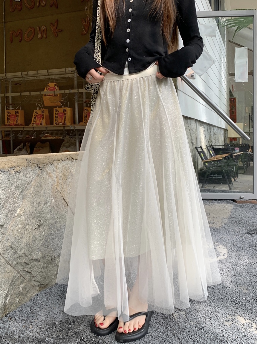 Real shot, new Korean version of shiny mesh splicing high waist slim design skirt, fairy half-body long skirt