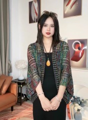 新款女薄款冰絲七彩針織夏鏤空防曬和空調房旗袍百搭披肩外搭多用