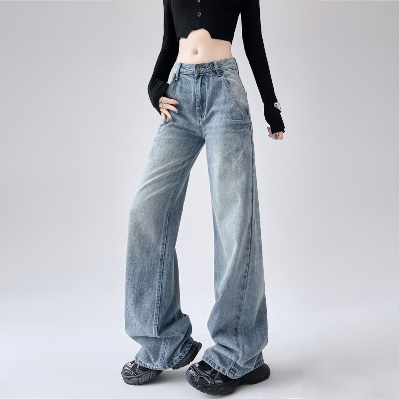 The new spring style is superb!  American retro low waist jeans women's loose slim and narrow version straight trousers floor trousers