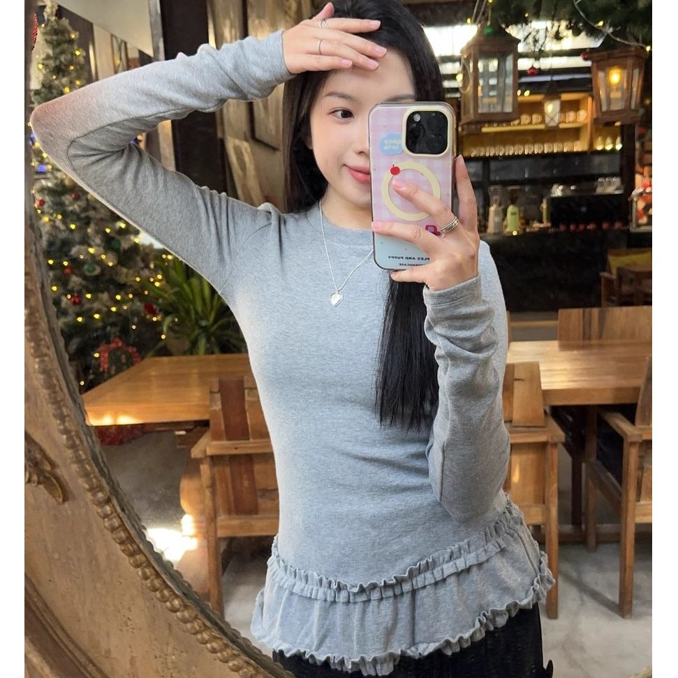 Women's cotton plus velvet French ballet style lace base shirt for women with slim fit and slim inner long-sleeved T-shirt top