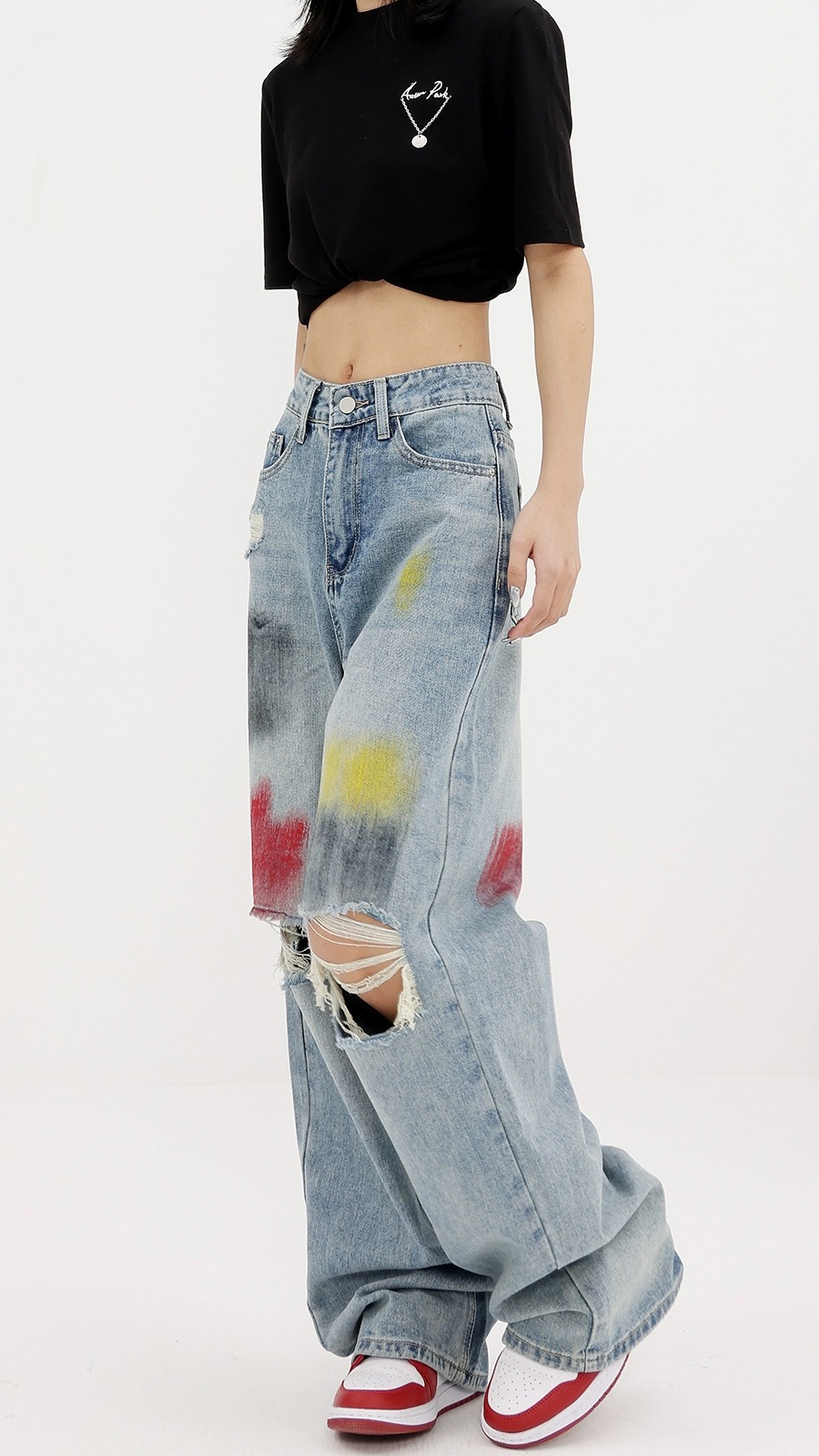 KEN STUDIO Summer Graffiti Blue Washing Ripped Jeans Women's Wide Legs Floor Pants Straight Pants