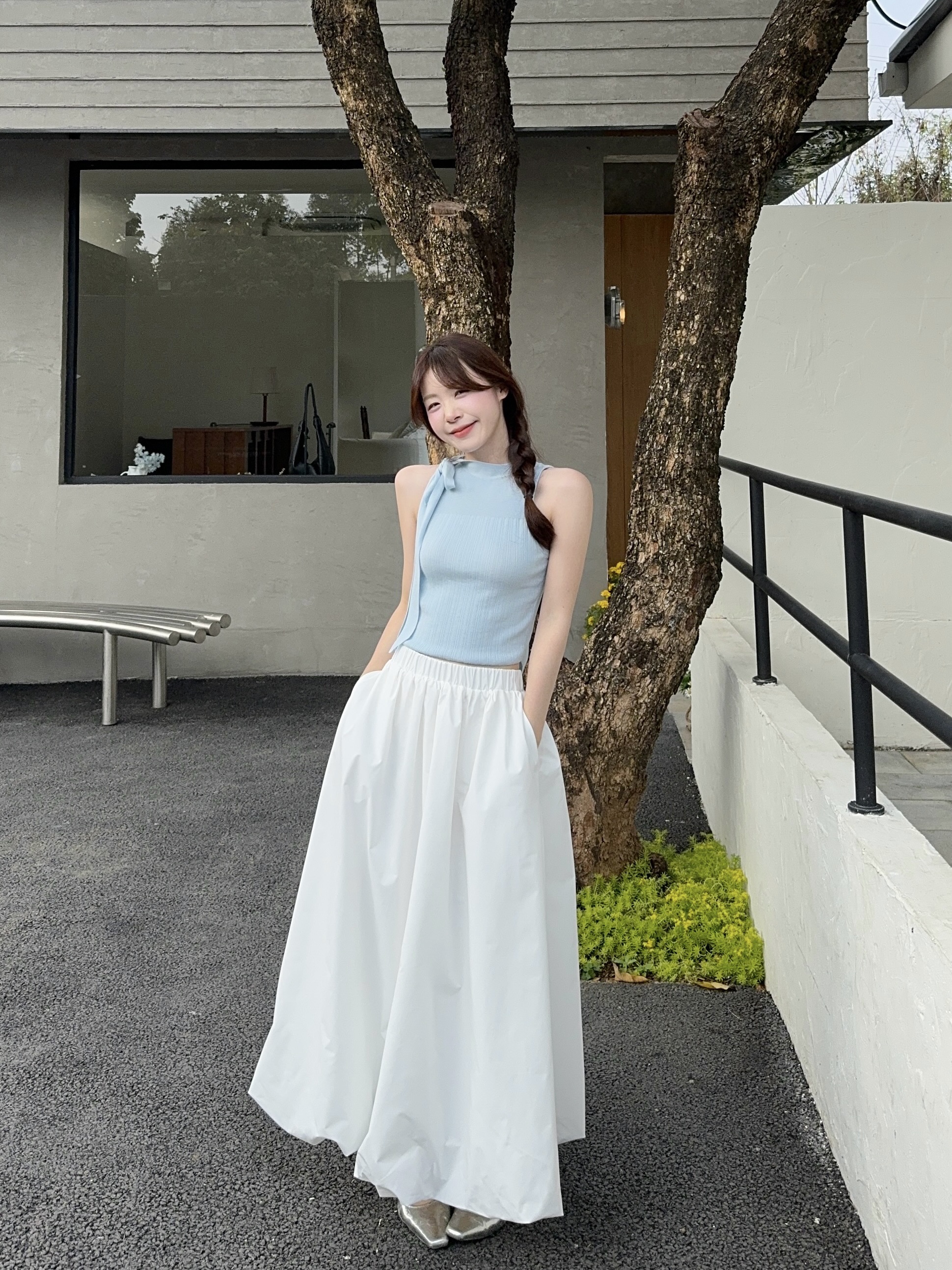 Real shot~ Knitted suspender vest sweet and spicy style slim short top + skirt fluffy umbrella skirt
