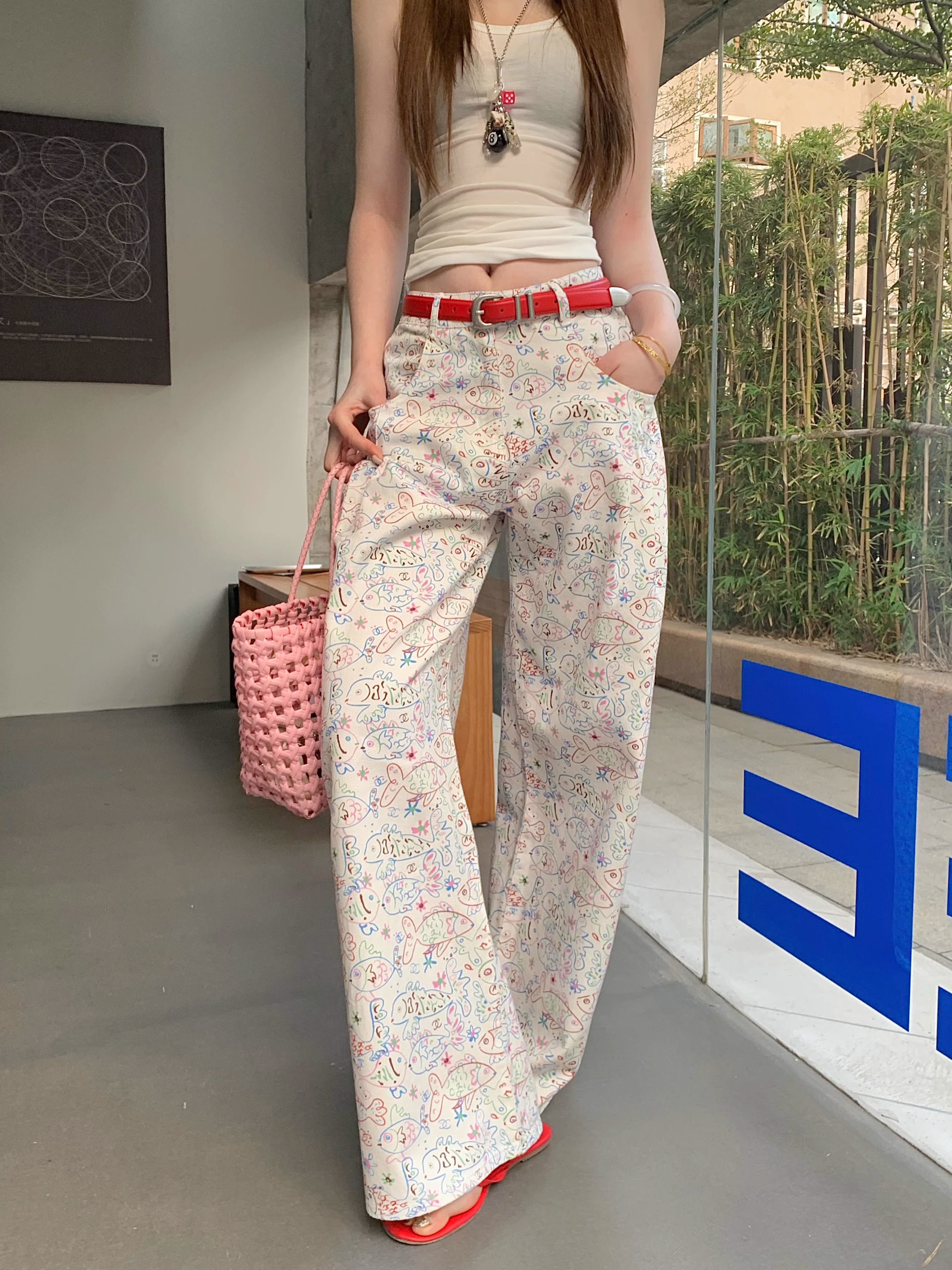 韓國chic小魚褲女白色卡通印花直筒闊腿褲2025夏季新款辣妹拖地褲