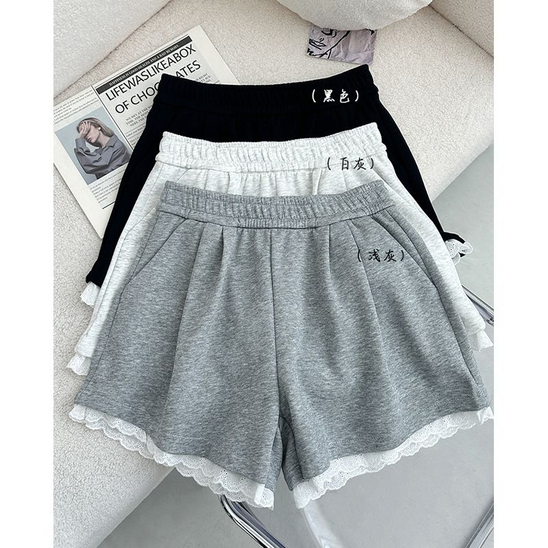 French retro lace lace three-quarter pants for women's summer high-waisted slim wide-leg shorts casual A-line sports pants