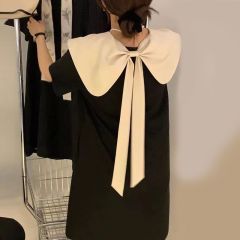 New Korean style niche design in summer, wearing big bow-contrast color doll collar slim dress