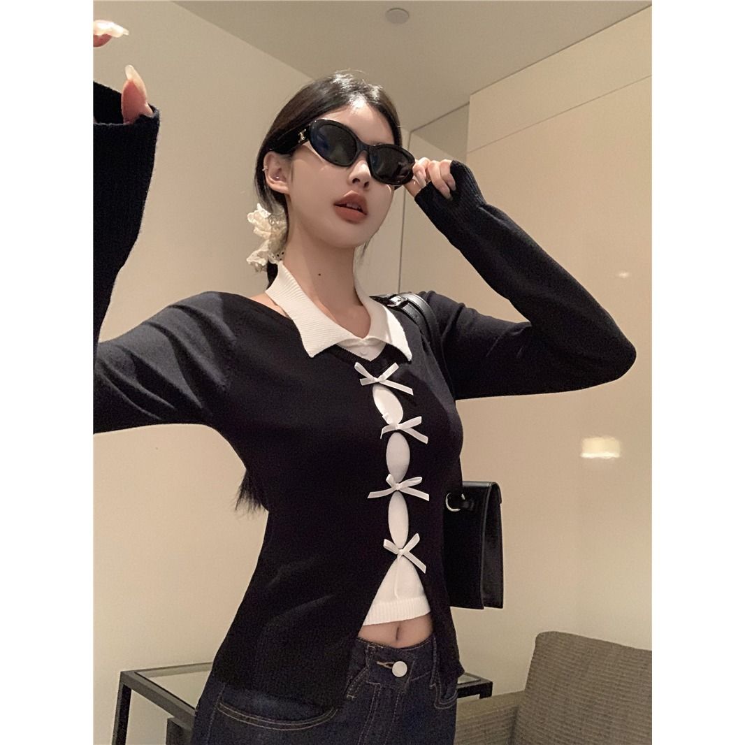 Good quality fake two-piece hollow bow splicing sweater for women in autumn chic slim design top