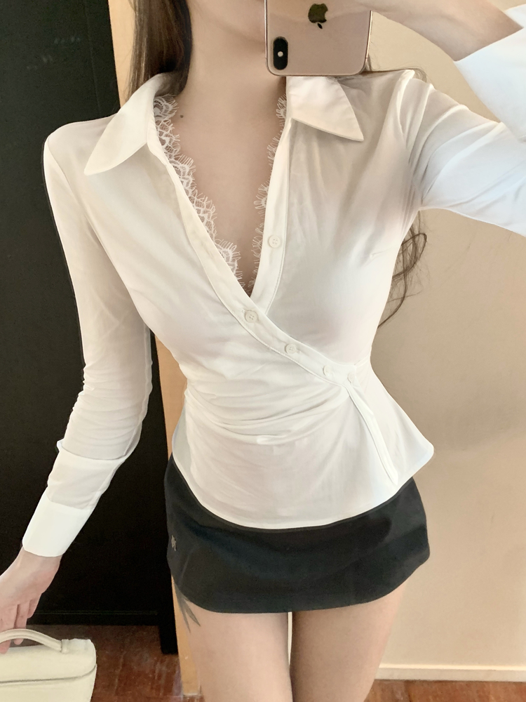 實拍純欲修身設計感花邊白襯衫女辣妹褶皺收腰顯瘦內搭上衣