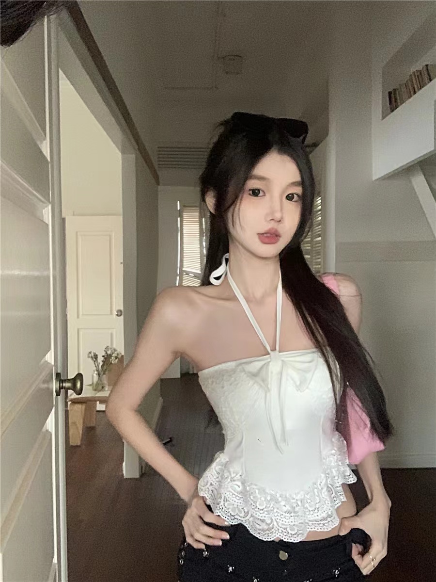 法式甜美蝴蝶結蕾絲掛脖背心修身百搭帶胸墊打底衣