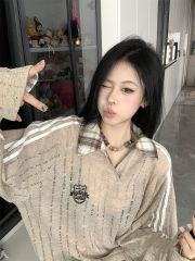 American retro college style jersey spliced ​​lapel fake two-piece long-sleeved T-shirt blouse women loose sweet and spicy top women