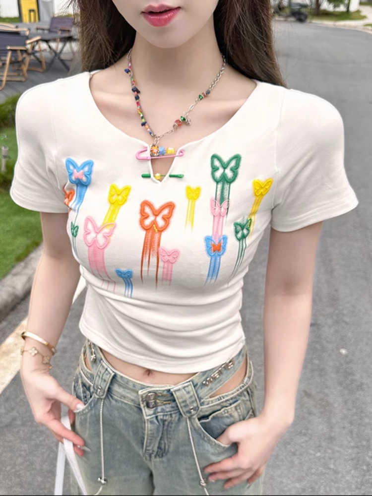 1*1 free-spirited bow straight shoulder short-sleeved T-shirt for women in summer pure and sweet hot girl short waist top half sleeve