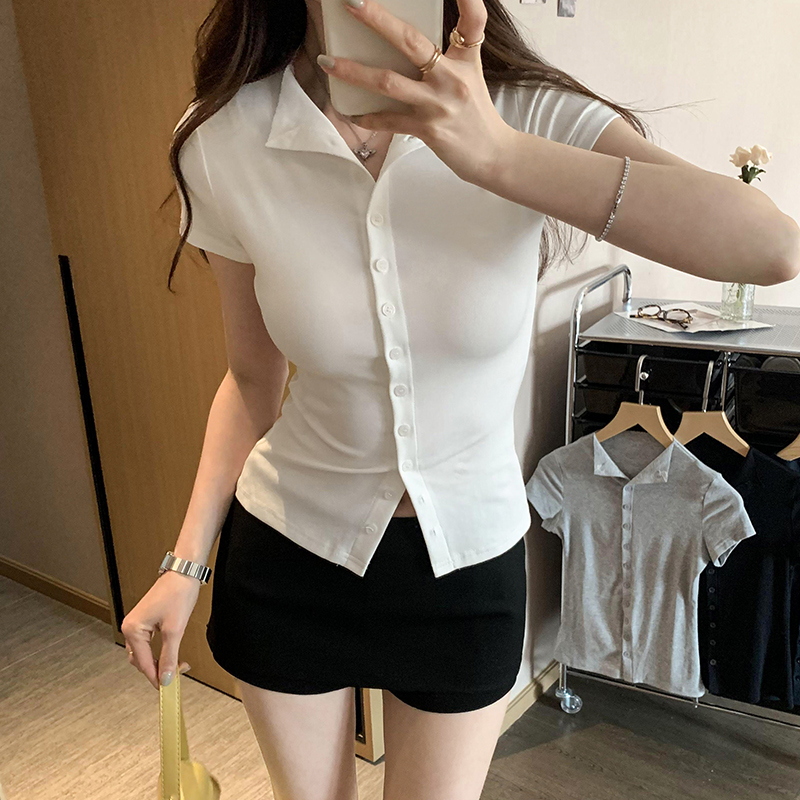 Real photos of hot girls high-end niche not-to-shoulder slim short-sleeved cardigan T-shirt for women's summer 2025 new top
