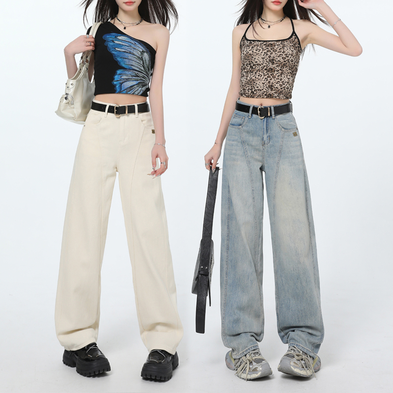 Unique aura ~ Scythe tailoring fashionable jeans with high waist loose versatile straight wide-leg pants