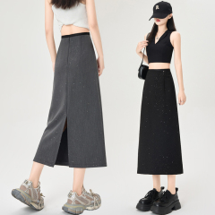 Real shot of women's slim suit skirt for spring and summer 2025 high waist mid-length rear slit hip-pack skirt