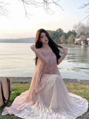 實拍性感海邊度假風碎花拼接百褶寬鬆溫柔長裙吊帶連衣裙女