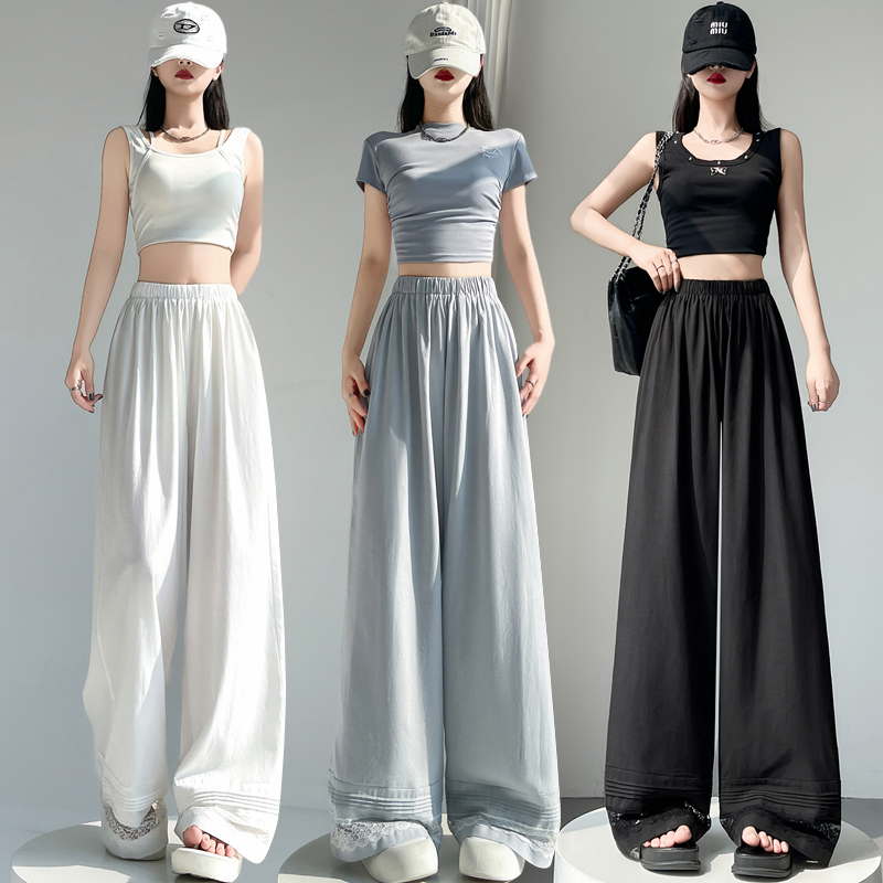 Real shot of 2025 spring and summer home lesbian lace layer layered wide-leg pants casual princess pants white cotton linen pants women