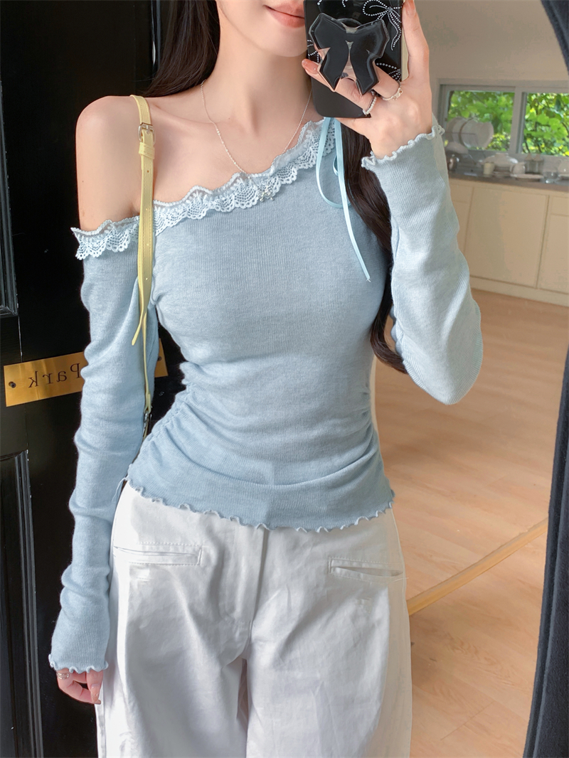 Real shot Real 6 wool design sense one-length collar lace splicing lace long sleeve sweater top