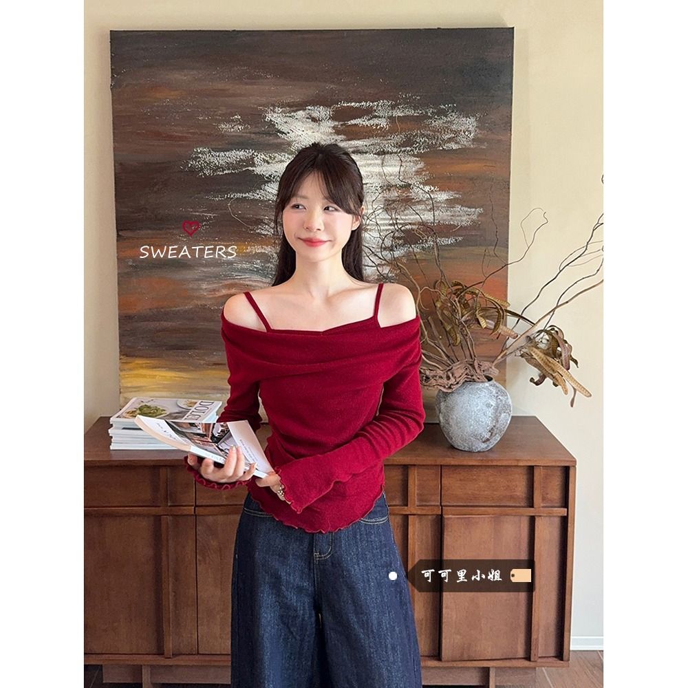 Modal cotton fake two-piece off-shoulder spliced ​​long-sleeved sweater for women in autumn wood ear base top
