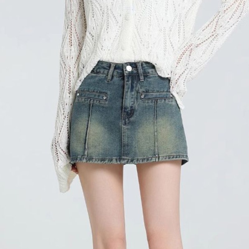 American style design sense denim shorts women's hip skirt pants spring and summer new design sense A-line high-waist skirt pants