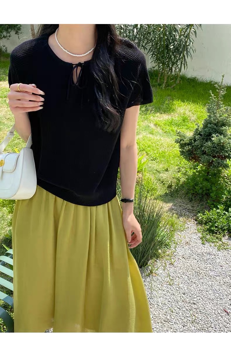 韓國chic夏季新款小清新甜美純欲辣妹方領綁帶洋氣薄款針織衫上衣