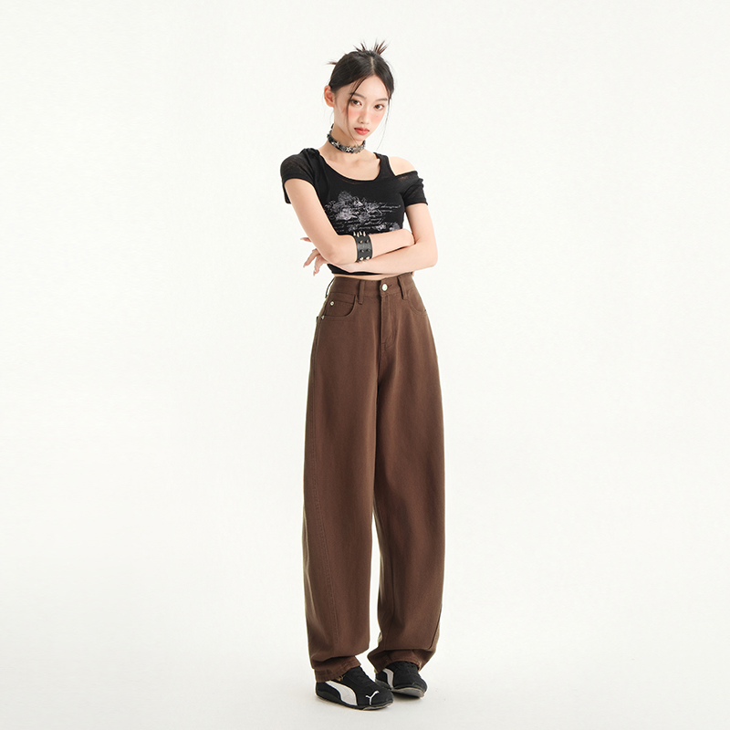 Spring and summer coffee-colored wide-leg scimitar jeans for women with high waist loose straight floor mopping banana pants