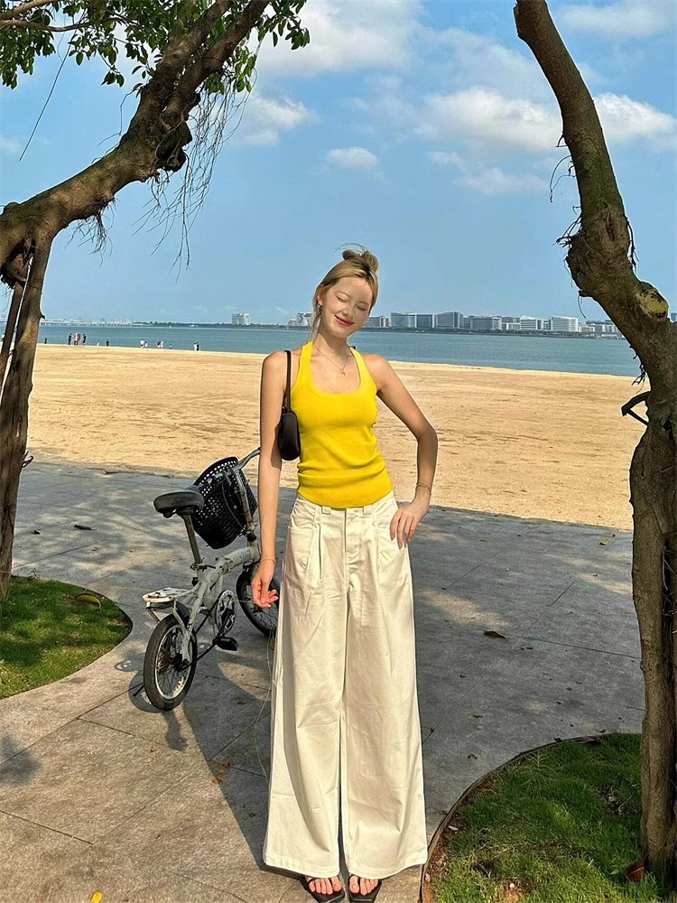 美式辣妹多巴胺檸檬黃海邊針織小吊帶女夏季外穿無袖工字背心上衣