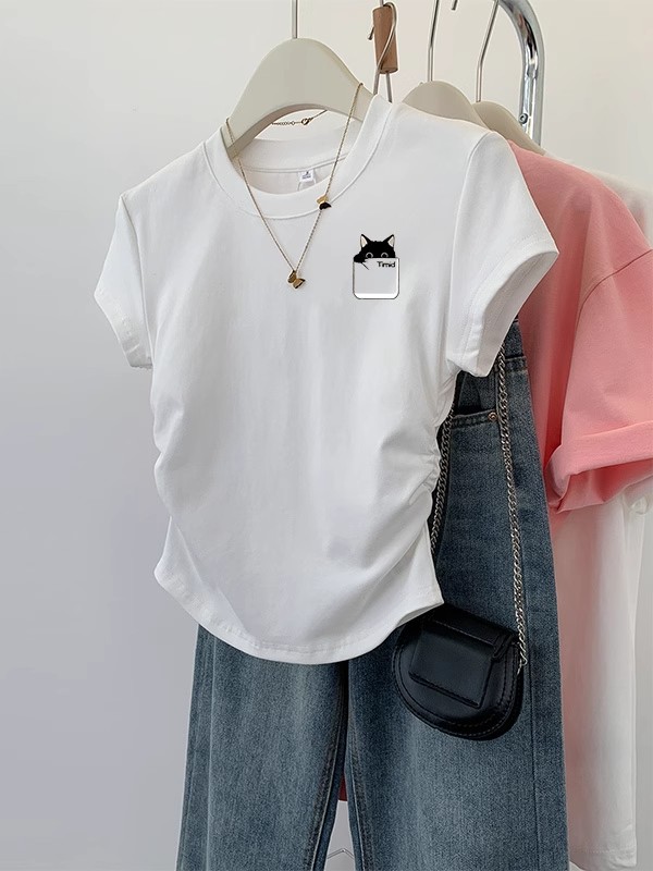 Pure cotton high elastic pleated waist small flying sleeve short sleeve T-shirt for women in summer new slim T-shirt top
