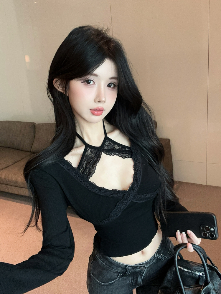 實拍性感蕾絲拼接V領掛脖長袖T恤女修身緊身內搭純欲打底上衣