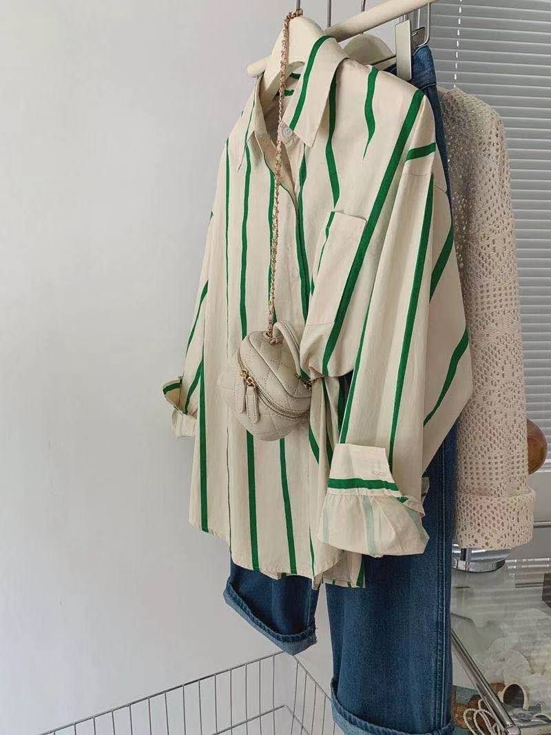 High-end striped shirt for women in spring and autumn 2025 new Korean loose slim shirt ins