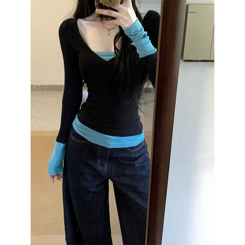 American hot girl fake two-piece long-sleeved T-shirt for women in 2025 new waist-hugging slim contrasting color splicing base shirt top