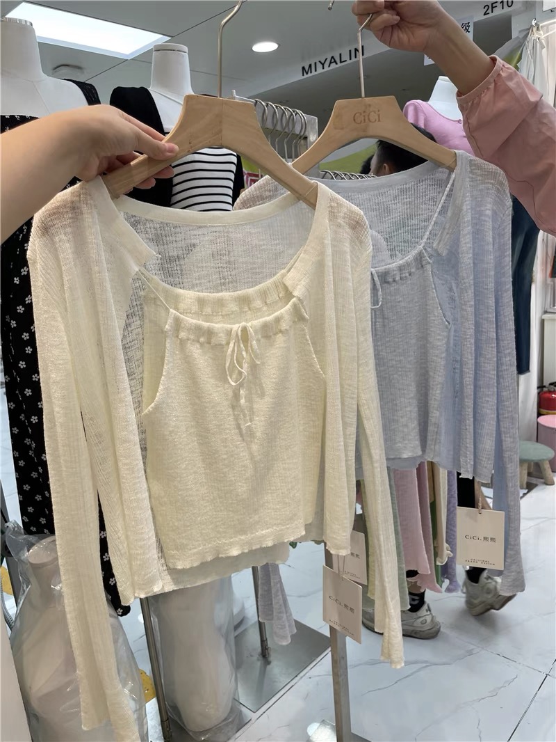 Sling ice silk sunscreen knitted cardigan strap for women two-piece thin summer new style short blouse top