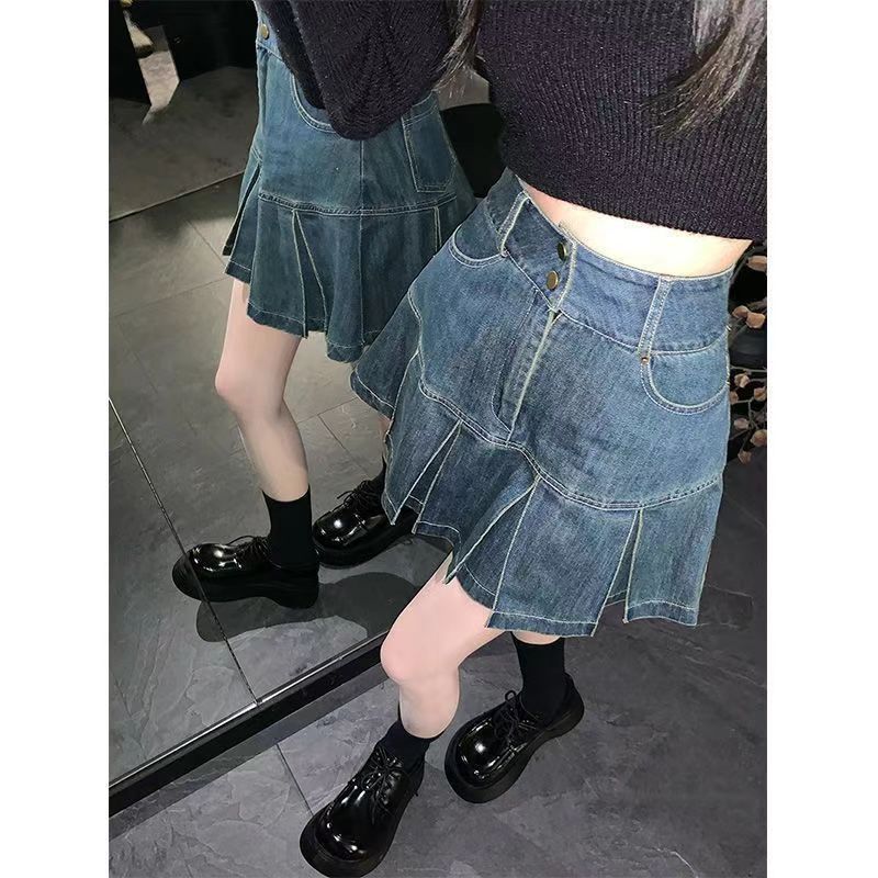 High-waisted, large-size hot girl denim skirt for women in spring and summer new style ins retro slim and versatile pleated loose A-line skirt