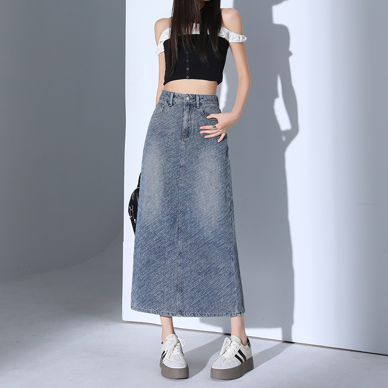 Galaxy Gradient Meteor Blue ~ Textured high-waist denim skirt for women 2025 new mid-length slim hip-packing skirt