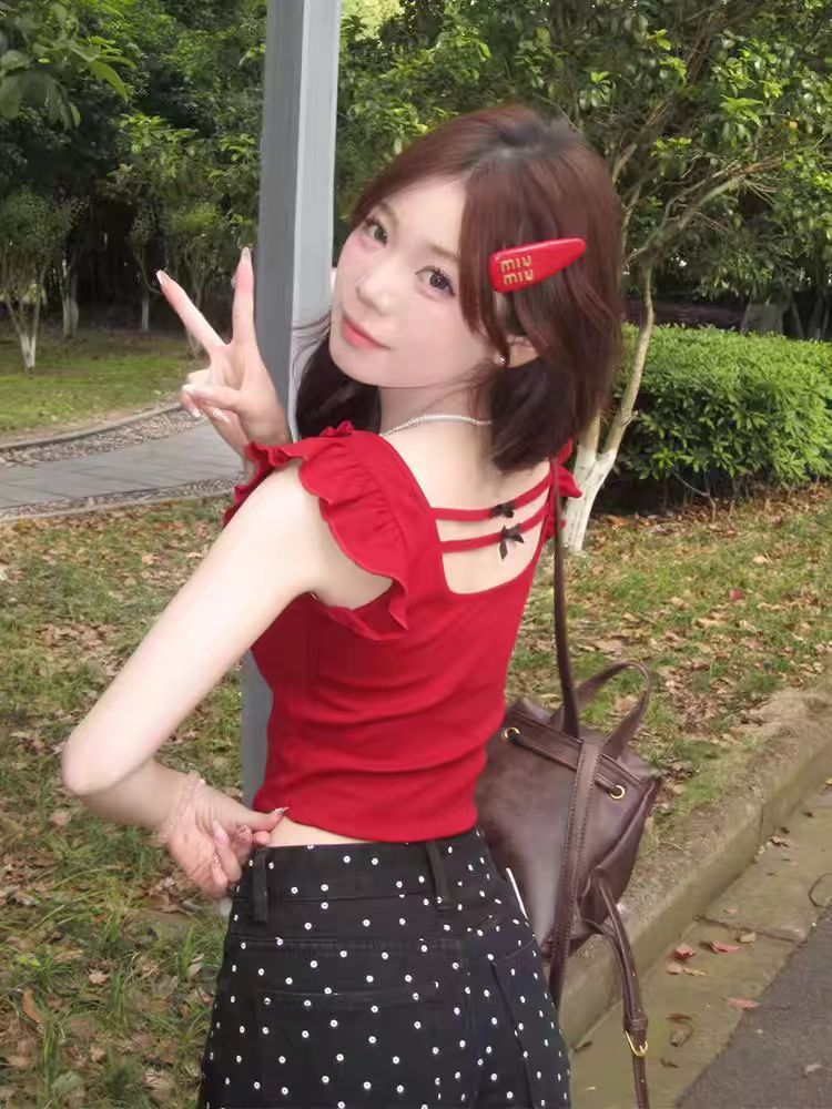260克隨心裁紅色正肩花邊短袖T恤女夏小眾設計感性感辣妹高腰上衣