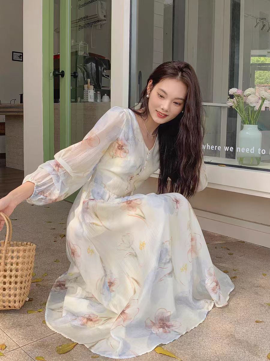 Gentle style printed Tiansi dress for women 2025 spring French design long sleeve slim long skirt fairy