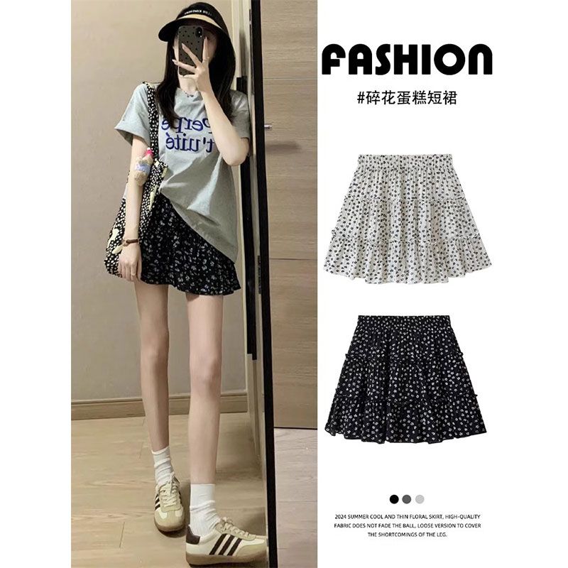 Black floral skirt for women new summer retro a-line slim chiffon short skirt cake skirt