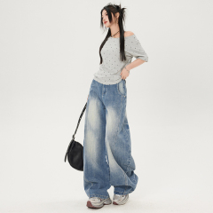 American blue sickle jeans 2025 spring new high-waist loose banana pants design floor-sliding wide-leg pants