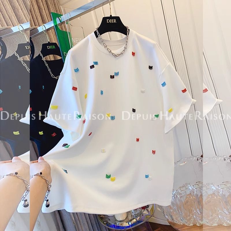 Unique and beautiful beaded short-sleeved T-shirt Korean loose large-size women's tops for women 2025 spring and summer new style