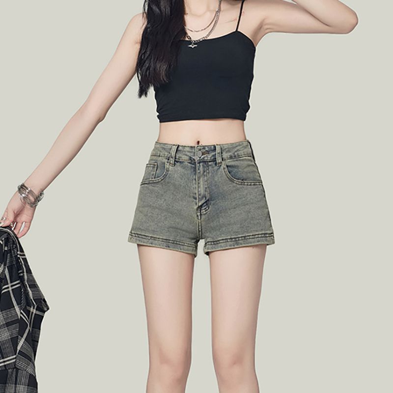 American hot girls high waist denim shorts for women in spring and summer new elastic slim and versatile ins denim shorts trendy