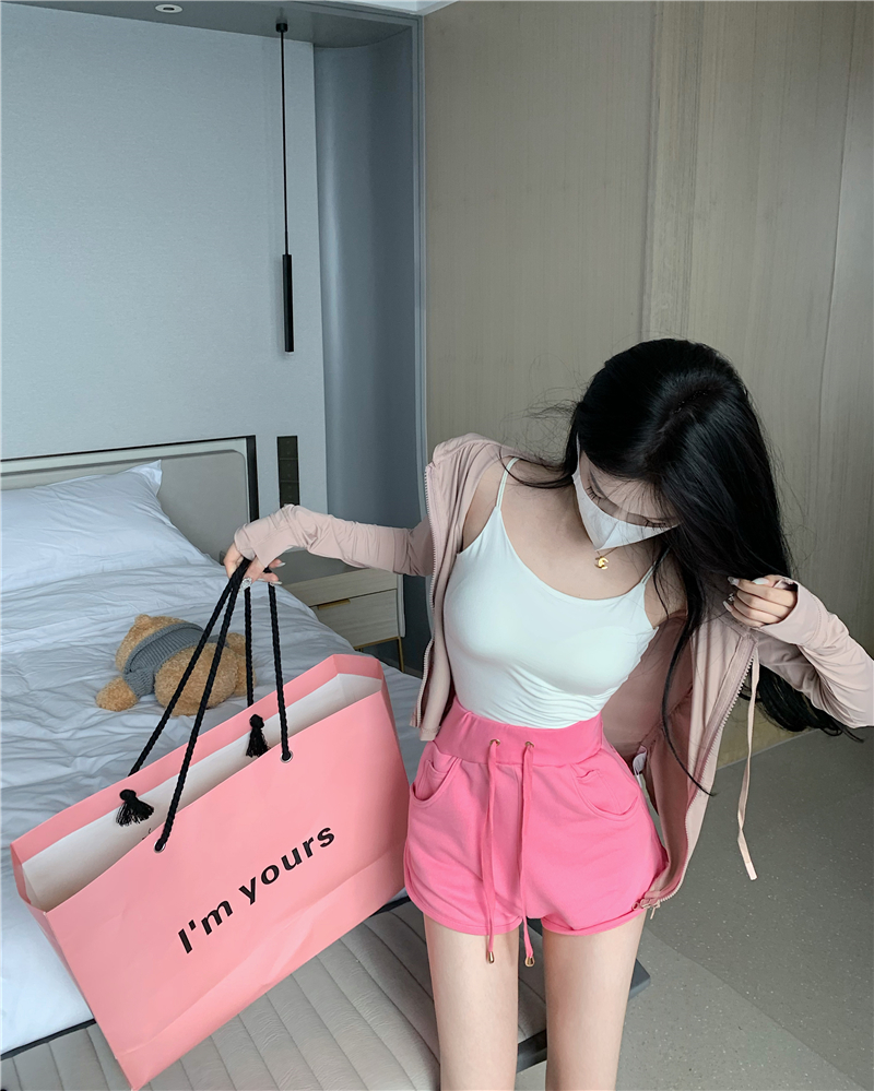 Real photo~ Solid color suspender + high-waist drawstring shorts + hooded anti-paid light and breathable cardigan