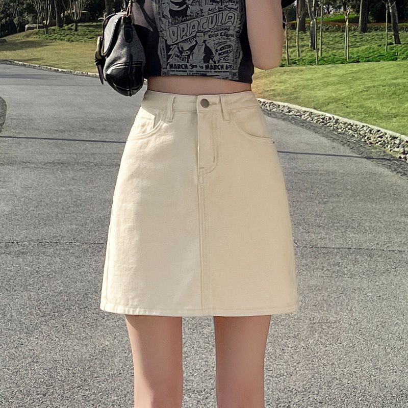 Casual simple ins high-waist denim skirt for women in spring and summer new loose slim and versatile A-line denim skirt