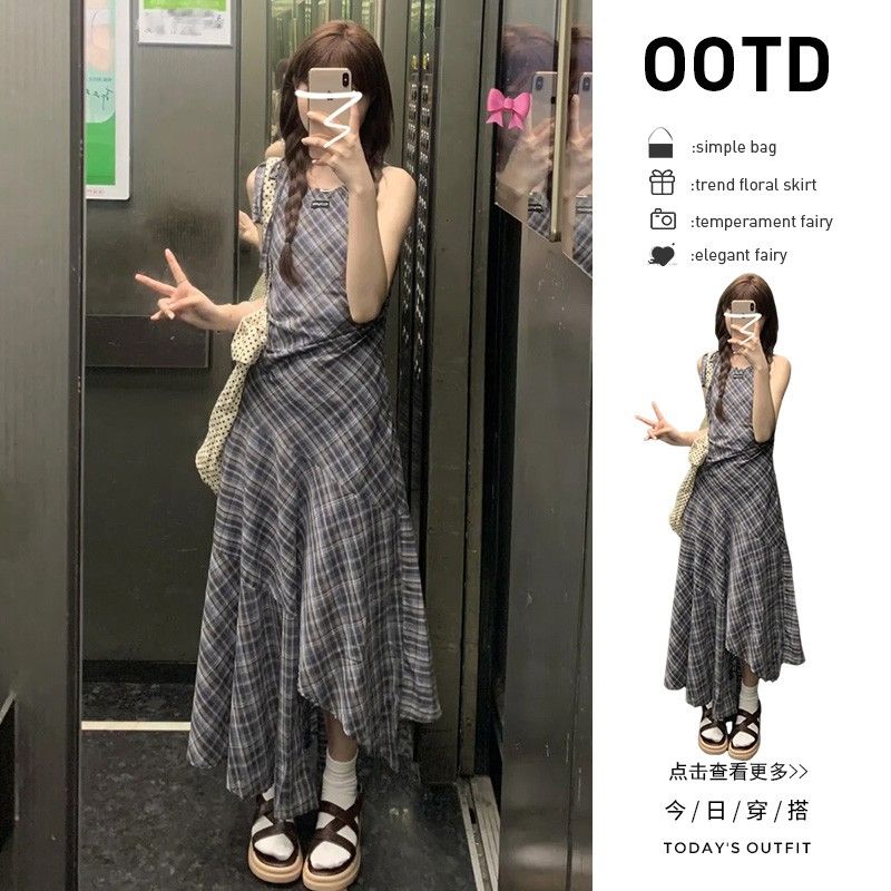 無袖格紋背心連衣裙子女夏季2025新款氣質絕美超好看海邊度假長裙