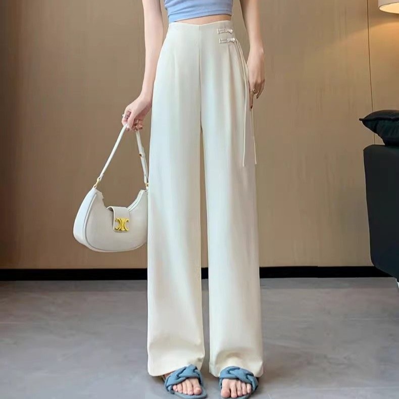On-white suit pants for women in spring and autumn high-end draped straight-tube new Chinese style light Chinese style button Zen wide-leg pants