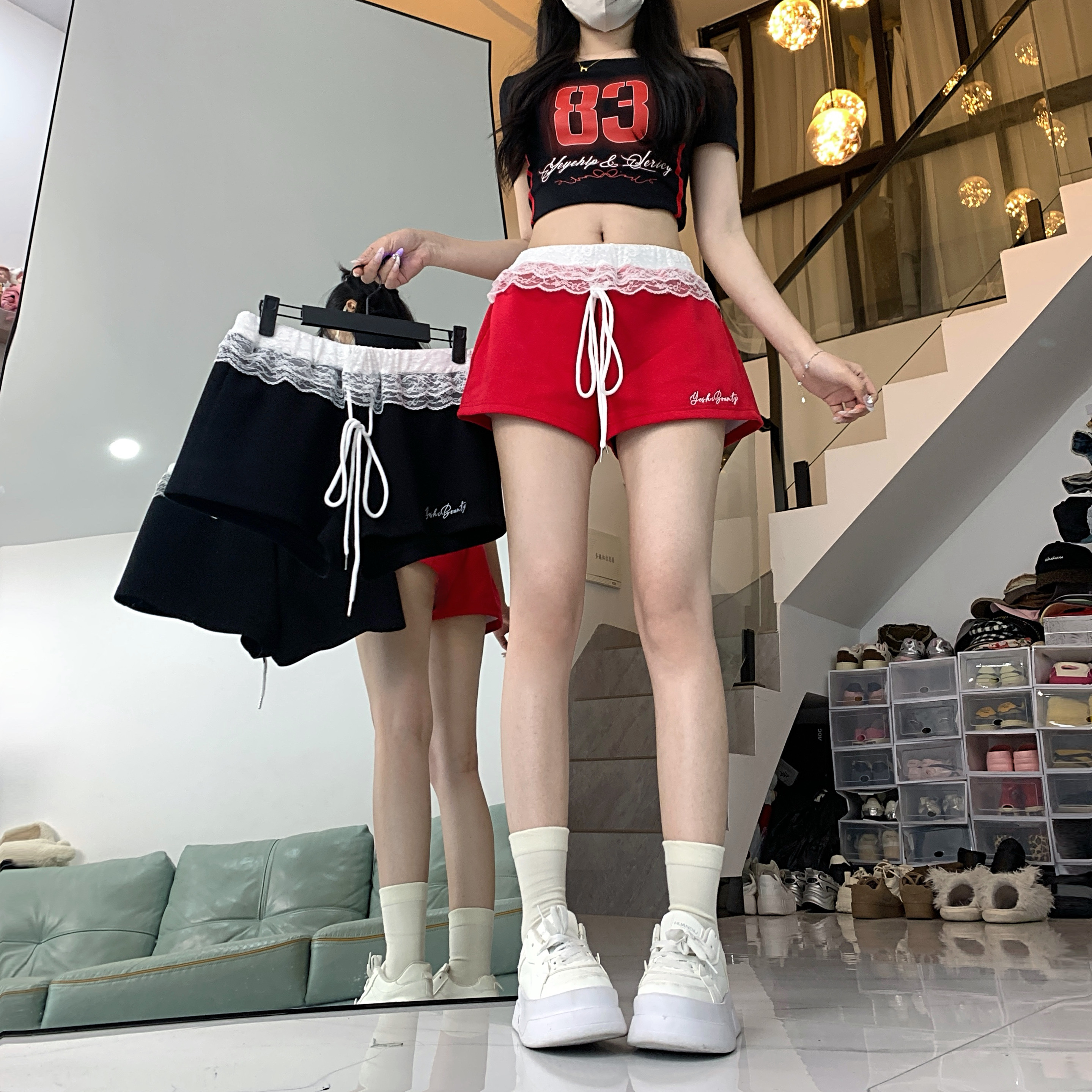 實拍美式蕾絲花邊拼接刺繡運動短褲女夏甜辣高腰百搭闊腿休閒熱褲