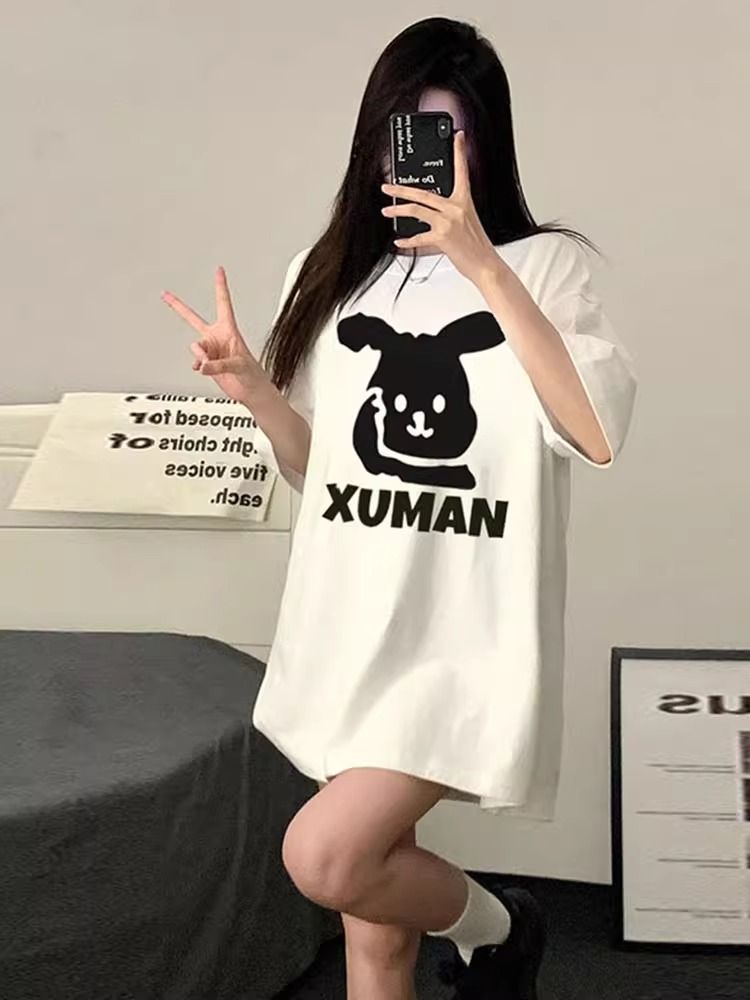 200g pure cotton 2025 new summer large size loose mid-length dress fat mm short-sleeved T-shirt skirt for women