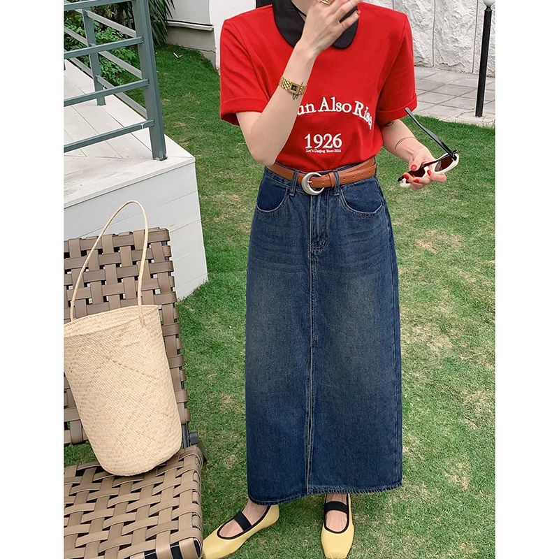 All-match casual denim half-length long skirt for women in spring and summer new high-waisted meat-covered slit A-line long denim skirt trendy